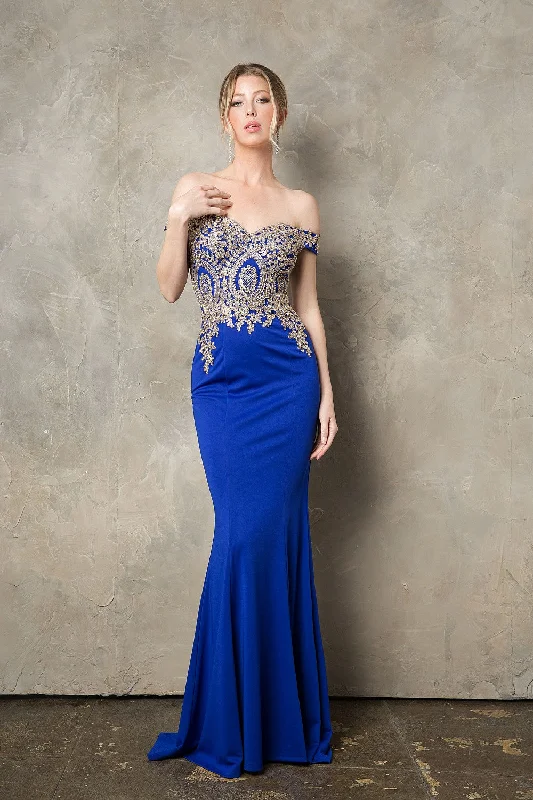 formal dresses with built-in shapewear for smooth silhouette --Gold Applique Off Shoulder Mermaid Dress by Juno 0932