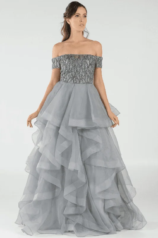 cocktail dresses with floral appliques for spring vibes --Long Off the Shoulder Dress with Tiered Skirt by Poly USA 8006 cocktail dresses with floral appliques for spring vibes --Long Off the Shoulder Dress with Tiered Skirt by Poly USA 8006