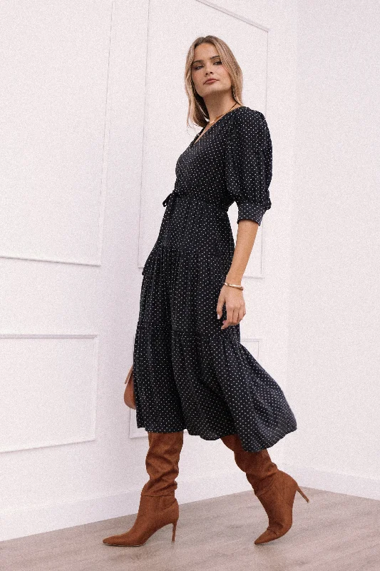 Spring dresses for formal dinners and events -Moscow Midi Dress - Black Polka Dot