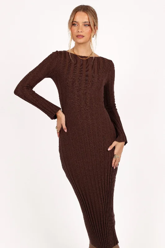 cocktail dresses with high necklines for modest occasions --Jolene Long Sleeve Maxi Dress - Brown