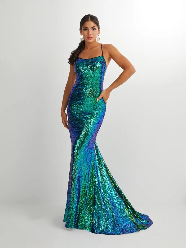 cocktail dresses with lace trims for delicate accents --Iridescent Sequin Sleeveless Mermaid Dress by Studio 17 12914