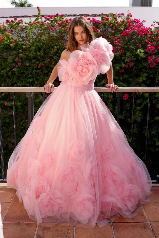 cocktail dresses with embroidered sleeves for elegance --3D Floral Organza Ruffled Ball Gown by Amelia Couture SU079