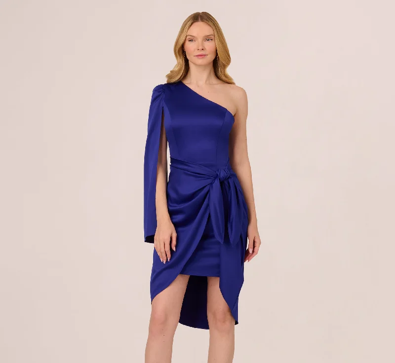 Wedding guest dresses for vintage-inspired ceremonies -One Shoulder Satin Knot Draped Midi Dress In Dark Blue Violet Wedding guest dresses for vintage-inspired ceremonies -One Shoulder Satin Knot Draped Midi Dress In Dark Blue Violet