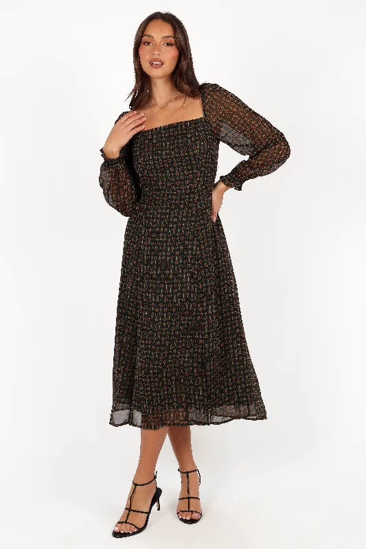 Spring dresses for travel with wrinkle-free fabrics -Ettie Long Sleeve Midi Dress - Pine/Tan Spring dresses for travel with wrinkle-free fabrics -Ettie Long Sleeve Midi Dress - Pine/Tan