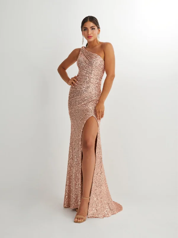 Wedding guest dresses in vibrant hues for lively wedding receptions -Fitted Sequin One Shoulder Slit Gown by Studio 17 12906 Wedding guest dresses in vibrant hues for lively wedding receptions -Fitted Sequin One Shoulder Slit Gown by Studio 17 12906