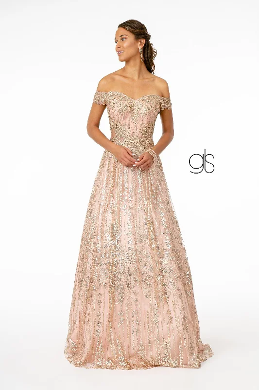 cocktail dresses with embroidered bodices for intricate detail --Embroidered Long Off Shoulder Glitter Dress by Elizabeth K GL2941