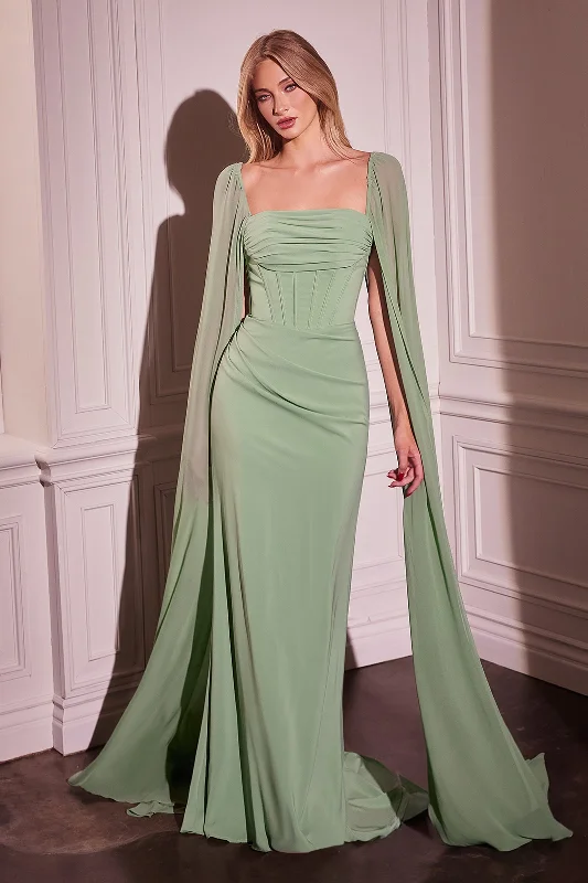 Wedding guest dresses with sleeves for extra coverage -Chiffon Fitted Cape Sleeve Gown by Ladivine CD356 Wedding guest dresses with sleeves for extra coverage -Chiffon Fitted Cape Sleeve Gown by Ladivine CD356