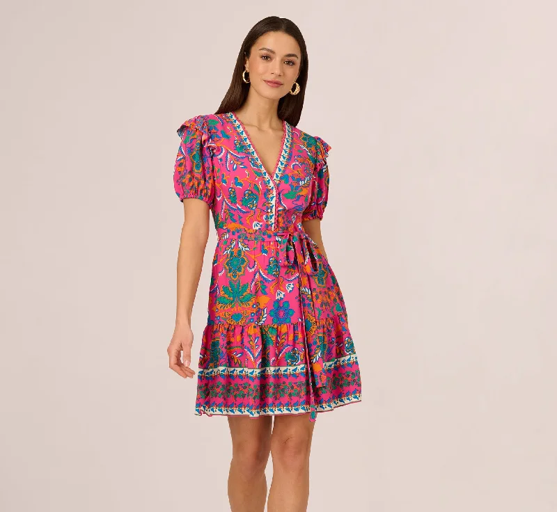 Colorful spring dresses for a fun, vibrant wardrobe -Puff Sleeve Retro Printed Short Dress In Hot Pink Multi Colorful spring dresses for a fun, vibrant wardrobe -Puff Sleeve Retro Printed Short Dress In Hot Pink Multi
