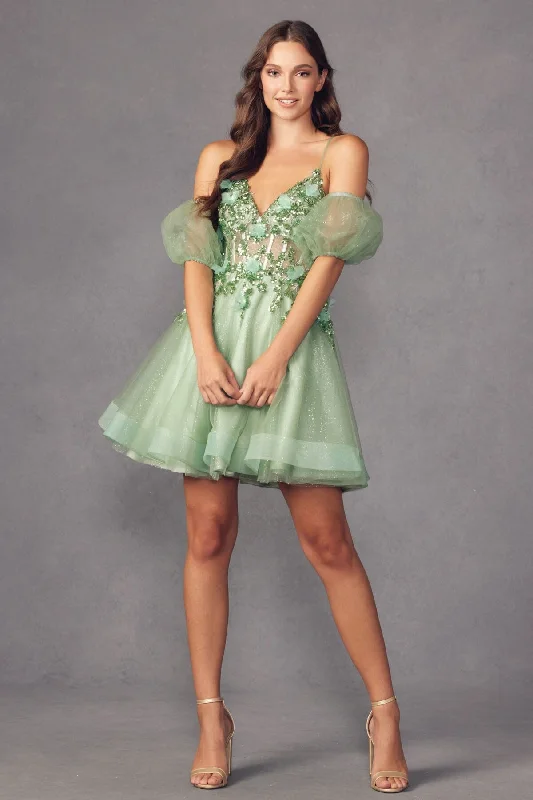 Short graduation dresses for a playful, fun vibe -3D Butterfly Short Puff Sleeve V-Neck Dress by Juliet 901 Short graduation dresses for a playful, fun vibe -3D Butterfly Short Puff Sleeve V-Neck Dress by Juliet 901