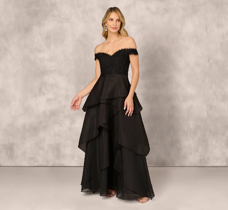 formal dresses for tall women with empire waistlines --Strapless Organza Ball Gown With Off The Shoulder Neckline In Black