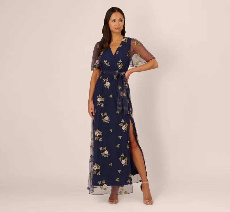 Spring dresses with empire waistlines for added comfort -Floral Embroidered Maxi Dress With Sheer Flutter Sleeves In Navy Multi Spring dresses with empire waistlines for added comfort -Floral Embroidered Maxi Dress With Sheer Flutter Sleeves In Navy Multi