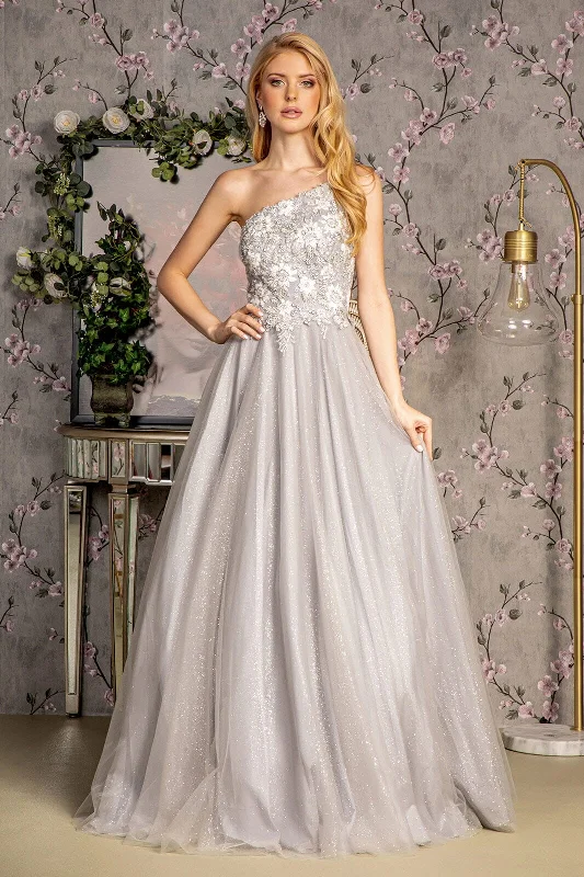 cocktail dresses with tiered skirts for playful movement --Embroidered One Shoulder A-line Gown by GLS Gloria GL3384 cocktail dresses with tiered skirts for playful movement --Embroidered One Shoulder A-line Gown by GLS Gloria GL3384