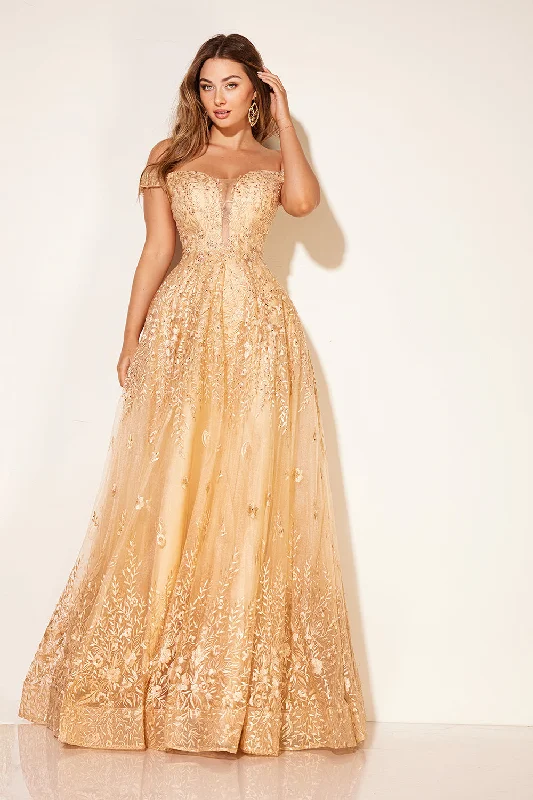 plus size cocktail dresses with empire waist for flattering shape --Embroidered Off Shoulder A-line Gown by Lucci Lu C8090 plus size cocktail dresses with empire waist for flattering shape --Embroidered Off Shoulder A-line Gown by Lucci Lu C8090