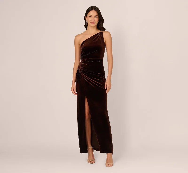 formal dresses for prom with corset tops and tulle skirts --One Shoulder Draped Velvet Gown With Chain Accent In Dark Brown formal dresses for prom with corset tops and tulle skirts --One Shoulder Draped Velvet Gown With Chain Accent In Dark Brown