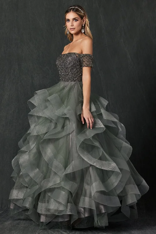Wedding guest dresses in jewel tones for fall and winter weddings -Ruffled Off Shoulder Ball Gown by Juliet 395 Wedding guest dresses in jewel tones for fall and winter weddings -Ruffled Off Shoulder Ball Gown by Juliet 395