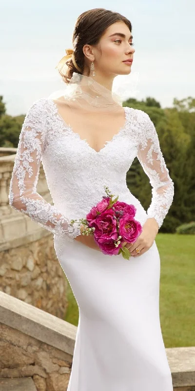 Bold wedding guest dresses in statement colors -Long Sleeve Applique Crepe Button Back Lace Dress Bold wedding guest dresses in statement colors -Long Sleeve Applique Crepe Button Back Lace Dress