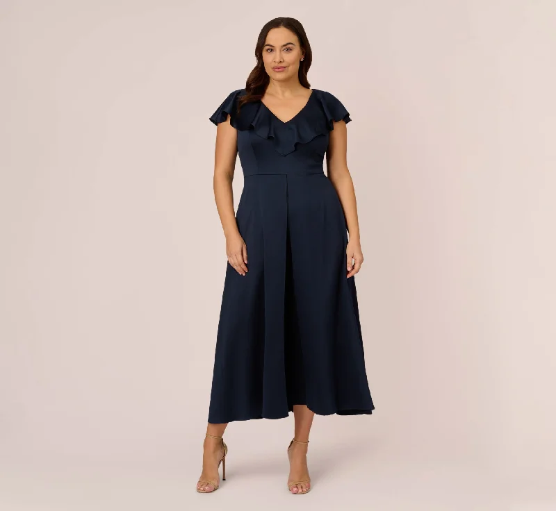 Stylish spring dresses with asymmetric details -Plus Size Satin Crepe Ruffled Cropped Jumpsuit In Dark Navy Stylish spring dresses with asymmetric details -Plus Size Satin Crepe Ruffled Cropped Jumpsuit In Dark Navy