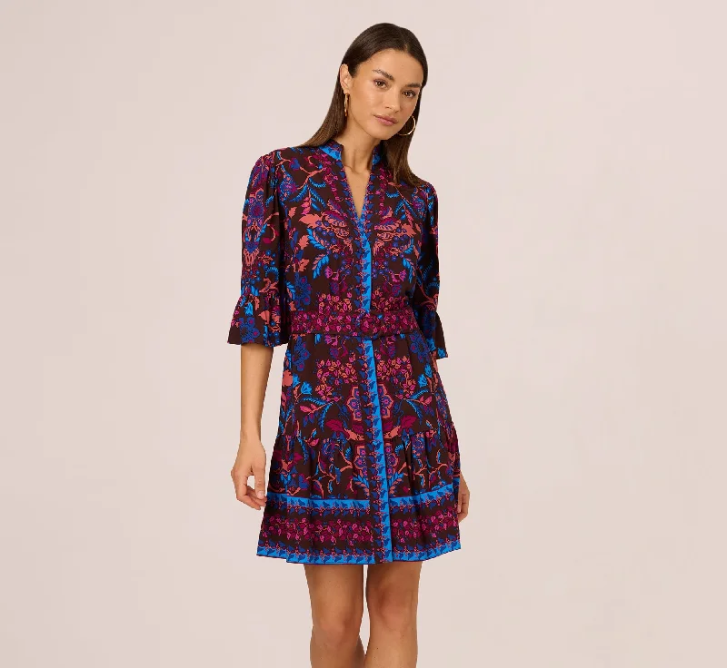 Spring dresses with an A-line cut for a flattering fit -Abstract Print Button Down Dress With Three Quarter Bell Sleeves In Brown Multi Spring dresses with an A-line cut for a flattering fit -Abstract Print Button Down Dress With Three Quarter Bell Sleeves In Brown Multi
