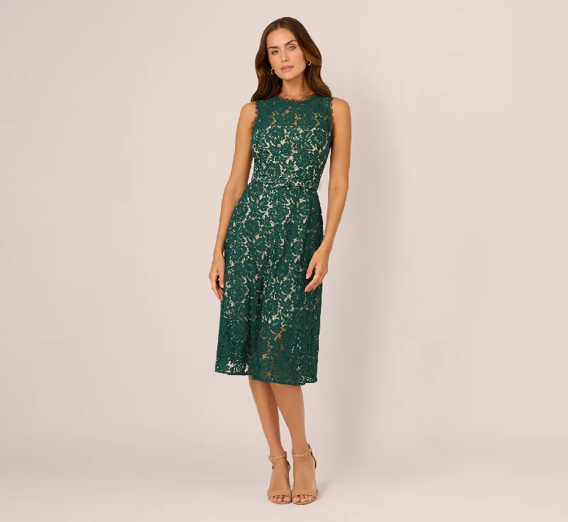 Spring dresses with ruffles for a playful touch -Sleeveless Lace Fit And Flare Dress With Sheer Details In Hunter Spring dresses with ruffles for a playful touch -Sleeveless Lace Fit And Flare Dress With Sheer Details In Hunter