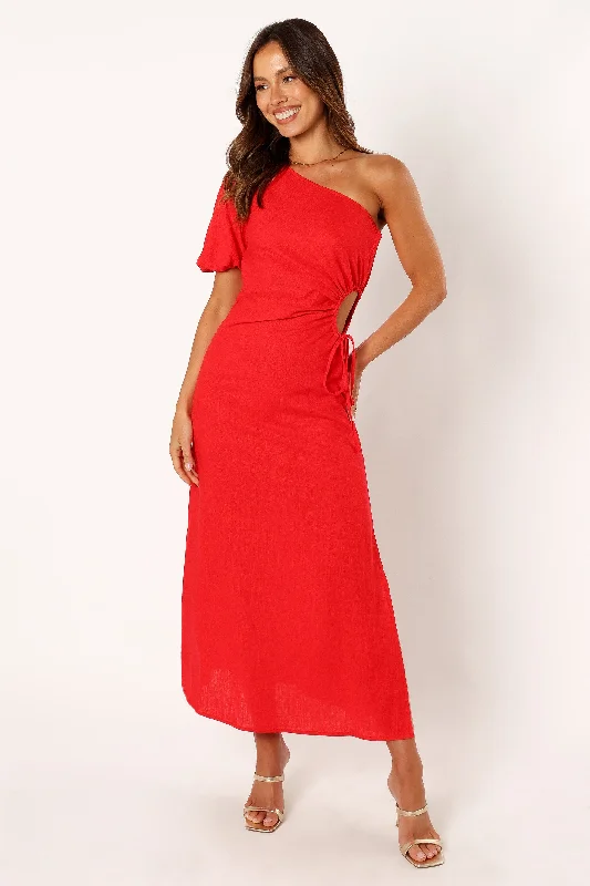 Simple spring dresses for a minimalist style -Kimmie One Shoulder Cut Out Midi Dress - Red Simple spring dresses for a minimalist style -Kimmie One Shoulder Cut Out Midi Dress - Red