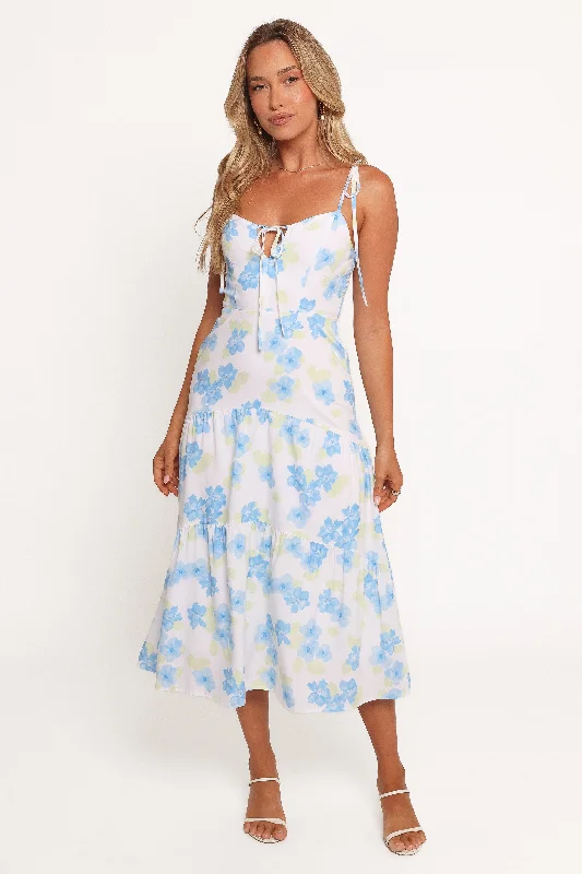 Spring dresses with floral lace accents for a vintage look -Kieran Midi Dress - Blue Floral Spring dresses with floral lace accents for a vintage look -Kieran Midi Dress - Blue Floral