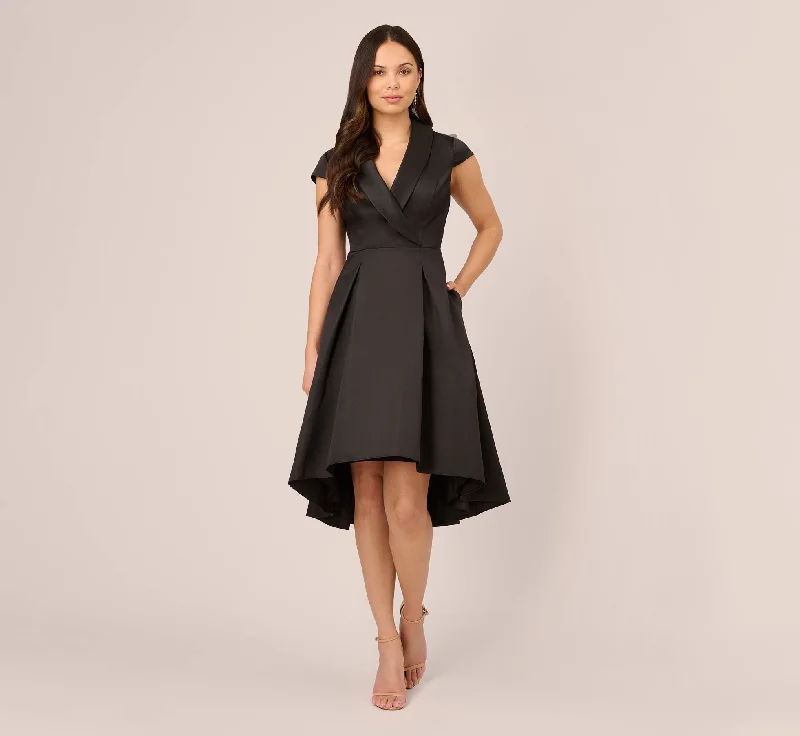 Affordable spring dresses with vintage-inspired prints -Cap Sleeve Mikado Midi Dress With High Low Skirt In Black Affordable spring dresses with vintage-inspired prints -Cap Sleeve Mikado Midi Dress With High Low Skirt In Black