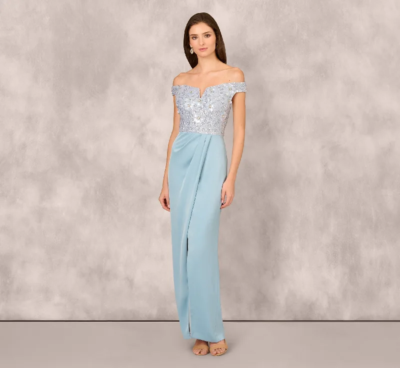 formal dresses with adjustable straps for custom fit --Off Shoulder Beaded Satin Combo Long Dress In Clear Water formal dresses with adjustable straps for custom fit --Off Shoulder Beaded Satin Combo Long Dress In Clear Water