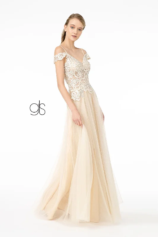formal dresses with smart textile technology and LED accents --Embroidered Long Sheer Cold Shoulder Dress by Elizabeth K GL2953 formal dresses with smart textile technology and LED accents --Embroidered Long Sheer Cold Shoulder Dress by Elizabeth K GL2953