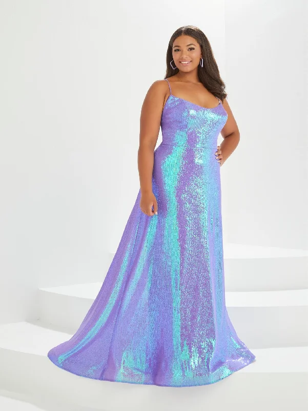 Wedding guest dresses in metallic shades for a chic look -Plus Size Iridescent Sequin Gown by Tiffany Designs 16043 Wedding guest dresses in metallic shades for a chic look -Plus Size Iridescent Sequin Gown by Tiffany Designs 16043