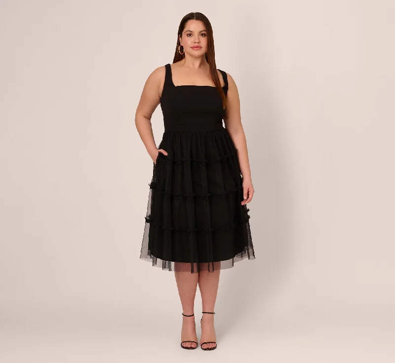Wedding guest dresses with halter necks for a flattering style -Plus Size Sleeveless Midi Dress With Square Neck And Tiered Skirt In Black Wedding guest dresses with halter necks for a flattering style -Plus Size Sleeveless Midi Dress With Square Neck And Tiered Skirt In Black