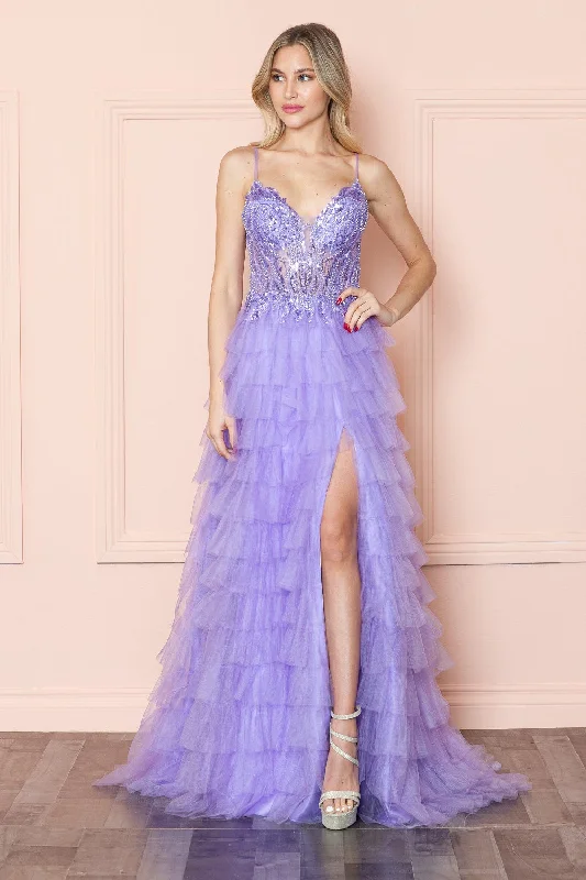 formal dresses with floral prints for garden weddings --Beaded Sleeveless Tiered Ruffled Slit Gown by Poly USA 9408 formal dresses with floral prints for garden weddings --Beaded Sleeveless Tiered Ruffled Slit Gown by Poly USA 9408