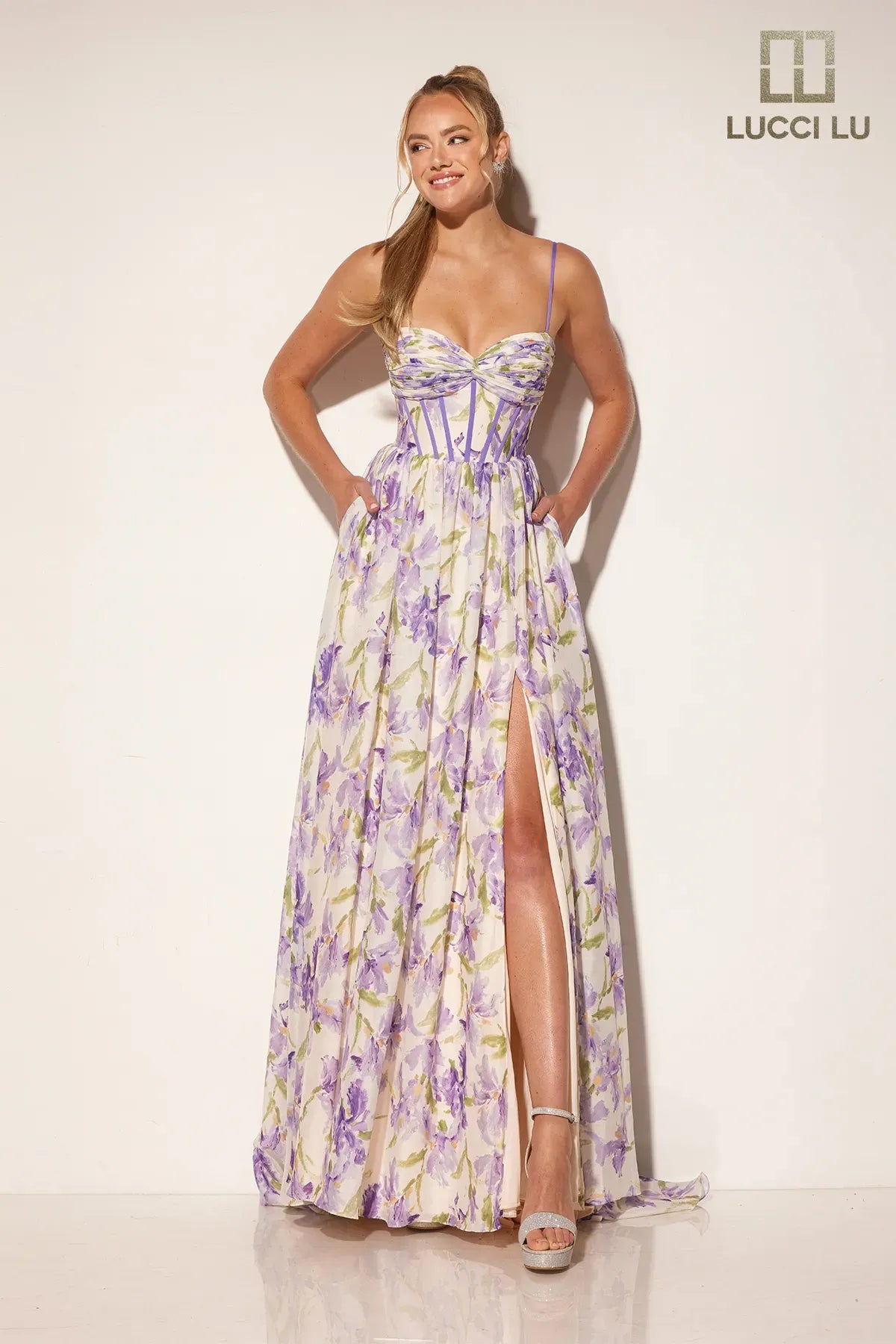 cocktail dresses with open backs for summer events --Print Sleeveless A-line Slit Gown by Lucci Lu 1402 cocktail dresses with open backs for summer events --Print Sleeveless A-line Slit Gown by Lucci Lu 1402