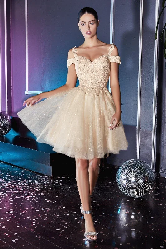Graduation dresses with lace details for a feminine touch -Short Cold Shoulder Glitter Dress by Cinderella Divine CD0132 Graduation dresses with lace details for a feminine touch -Short Cold Shoulder Glitter Dress by Cinderella Divine CD0132