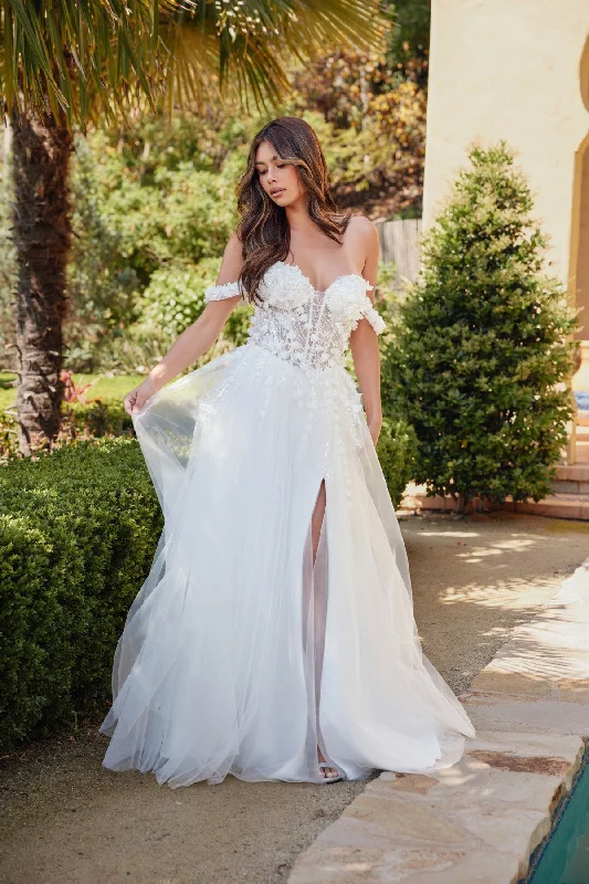 Elegant wedding guest dresses for evening receptions -3D Floral Off Shoulder Bridal Gown by Juliet JT2483KW Elegant wedding guest dresses for evening receptions -3D Floral Off Shoulder Bridal Gown by Juliet JT2483KW