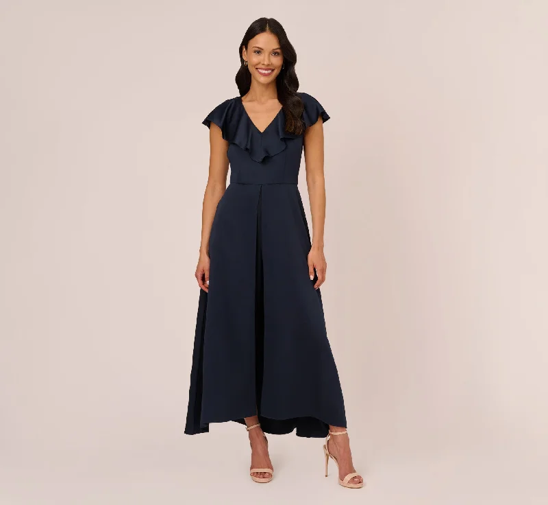 Spring dresses for outdoor festivals with easy wearability -Satin Crepe Ruffled Cropped Jumpsuit In Dark Navy Spring dresses for outdoor festivals with easy wearability -Satin Crepe Ruffled Cropped Jumpsuit In Dark Navy