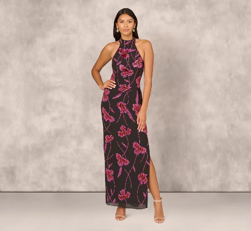 formal dresses with high necklines for modest fashion lovers --Beaded Floral Halter Column Gown With Mock Neck In Black Multi formal dresses with high necklines for modest fashion lovers --Beaded Floral Halter Column Gown With Mock Neck In Black Multi