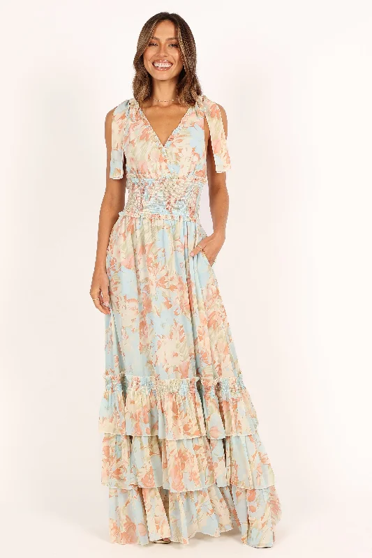 formal dresses for women with disabilities featuring magnetic closures --Christabel Tiered Maxi Dress - Blue Floral formal dresses for women with disabilities featuring magnetic closures --Christabel Tiered Maxi Dress - Blue Floral