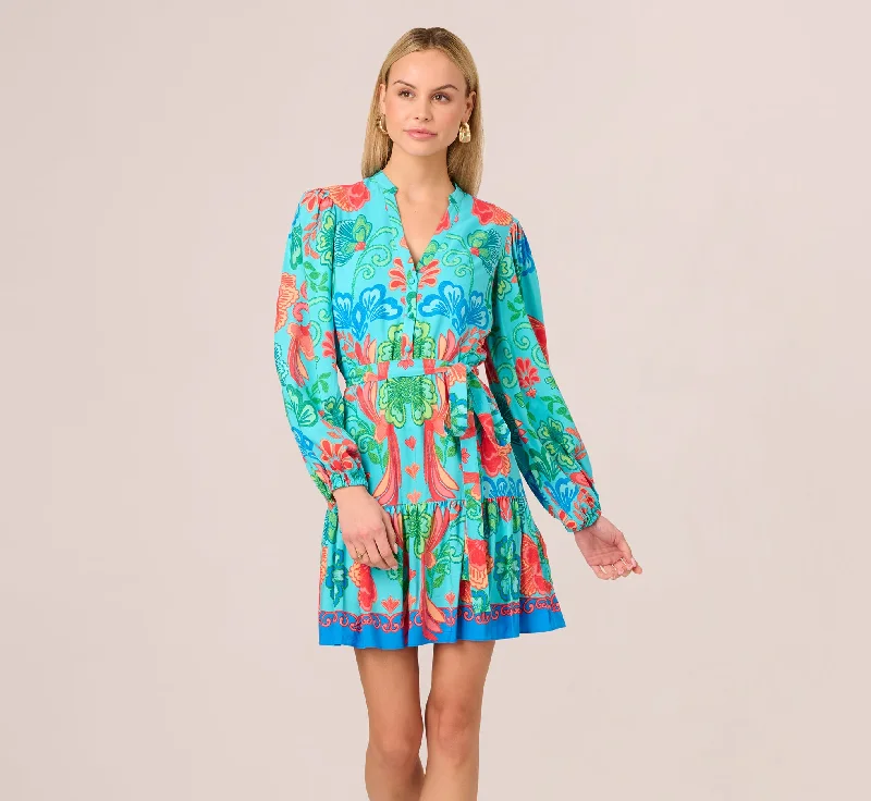 Wedding guest dresses that transition from day to night effortlessly -Long Sleeve Printed Flounce Dress In Blue Multi Wedding guest dresses that transition from day to night effortlessly -Long Sleeve Printed Flounce Dress In Blue Multi