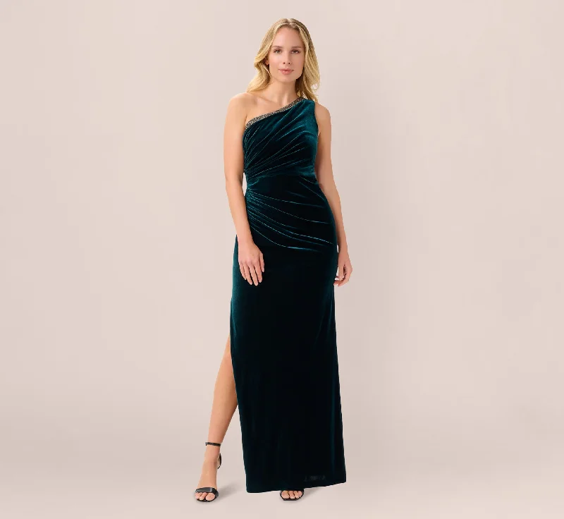 formal dresses for beach weddings with lightweight fabrics --Velvet One Shoulder Gown With Beaded Neckline In Hunter