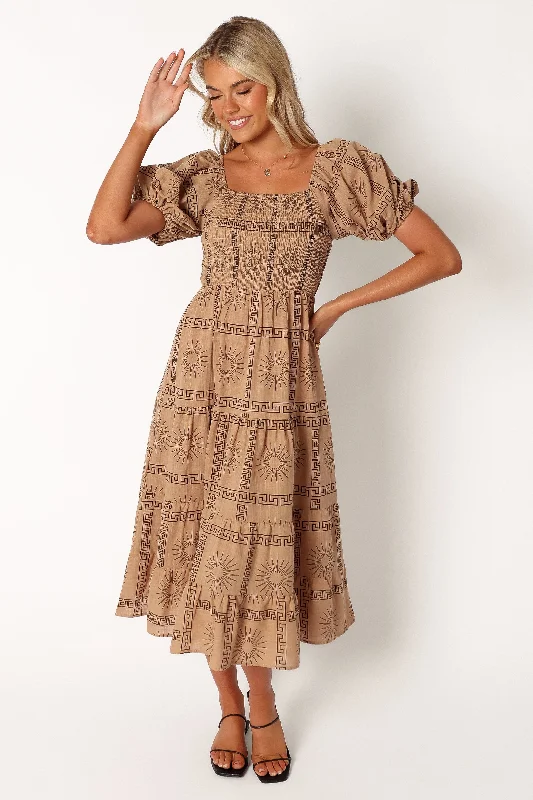 Spring dresses with pleats for a textured look -Soliel Puff Sleeve Midi Dress - Tan Black Spring dresses with pleats for a textured look -Soliel Puff Sleeve Midi Dress - Tan Black