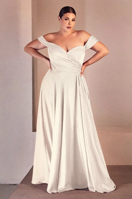 cocktail dresses with metallic fabrics for festive occasions --White Curve Off Shoulder A-line Satin Gown by Ladivine 7493WC cocktail dresses with metallic fabrics for festive occasions --White Curve Off Shoulder A-line Satin Gown by Ladivine 7493WC