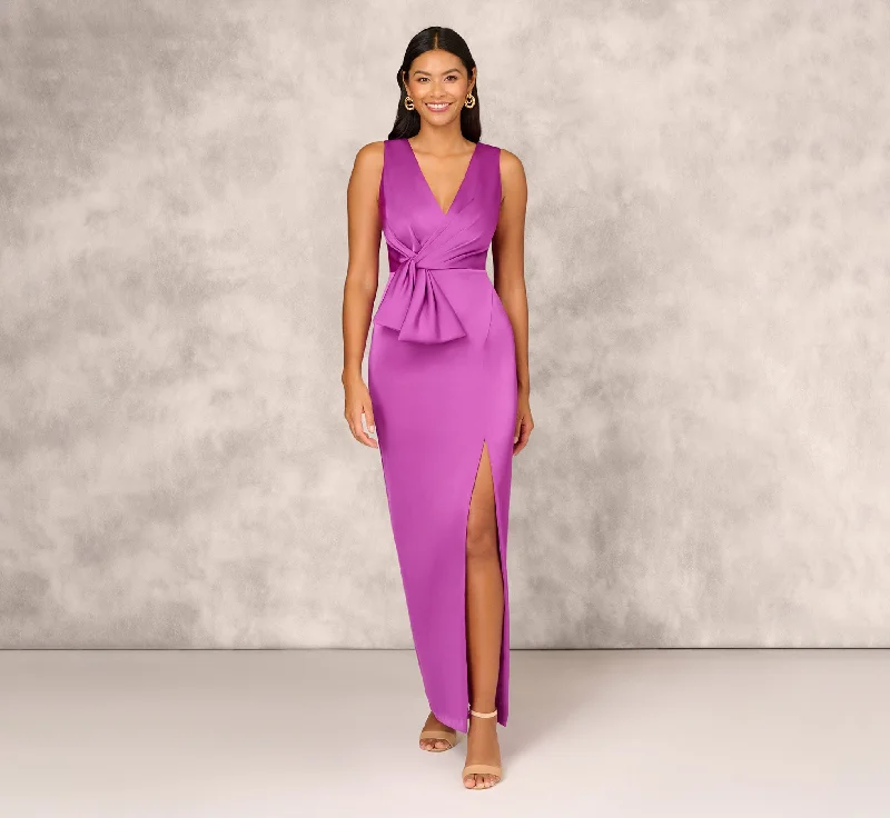 formal dresses with built-in bras for added support --Sleeveless Satin Crepe Column Gown With Bow Waist In Wild Orchid
