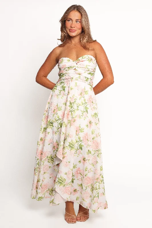 Off-shoulder cocktail dresses for evening events -Marta Strapless Midi Dress - Pink Floral Off-shoulder cocktail dresses for evening events -Marta Strapless Midi Dress - Pink Floral