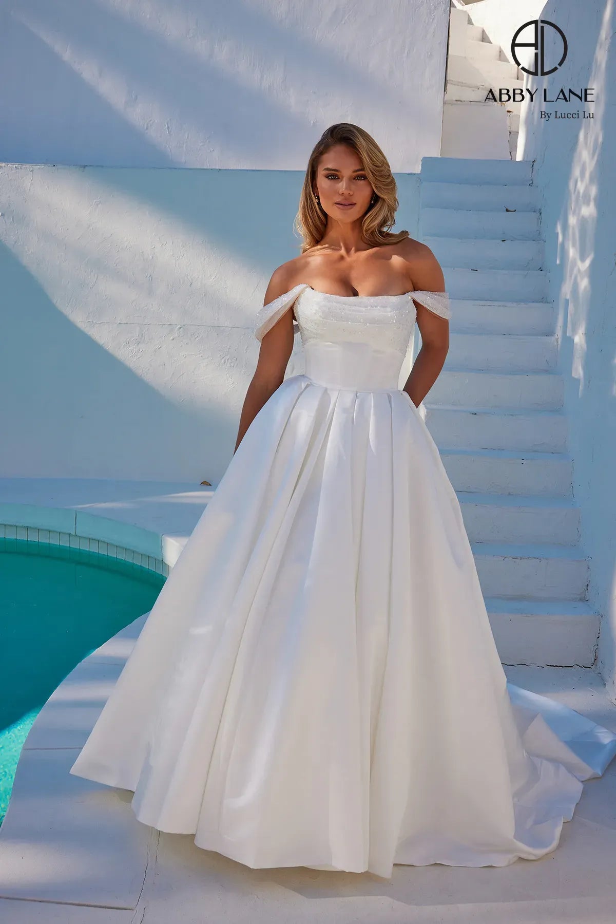 Elegant wedding guest dresses for traditional ceremonies -Satin Off Shoulder A-line Bridal Gown by Abby Lane 97288 Elegant wedding guest dresses for traditional ceremonies -Satin Off Shoulder A-line Bridal Gown by Abby Lane 97288