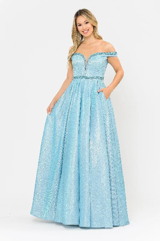 formal dresses with built-in cooling technology for hot climates --Long Metallic Glitter Off Shoulder Dress by Poly USA 8664 formal dresses with built-in cooling technology for hot climates --Long Metallic Glitter Off Shoulder Dress by Poly USA 8664