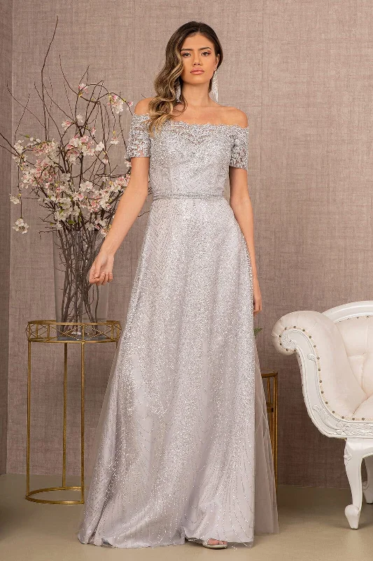 Wedding guest dresses with fitted bodices for a flattering fit -Embroidered Off Shoulder Glitter Gown by Elizabeth K GL2942 Wedding guest dresses with fitted bodices for a flattering fit -Embroidered Off Shoulder Glitter Gown by Elizabeth K GL2942
