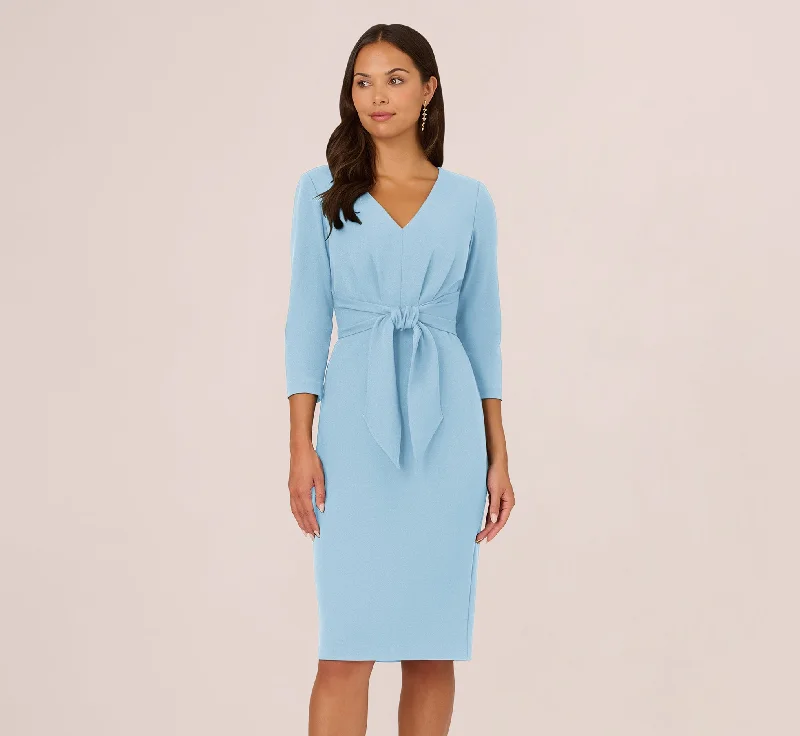 Elegant spring dresses with flowing skirts for added volume -Three Quarter Sleeve Pleated Midi Dress With Tie Waist In Blue Mist Elegant spring dresses with flowing skirts for added volume -Three Quarter Sleeve Pleated Midi Dress With Tie Waist In Blue Mist
