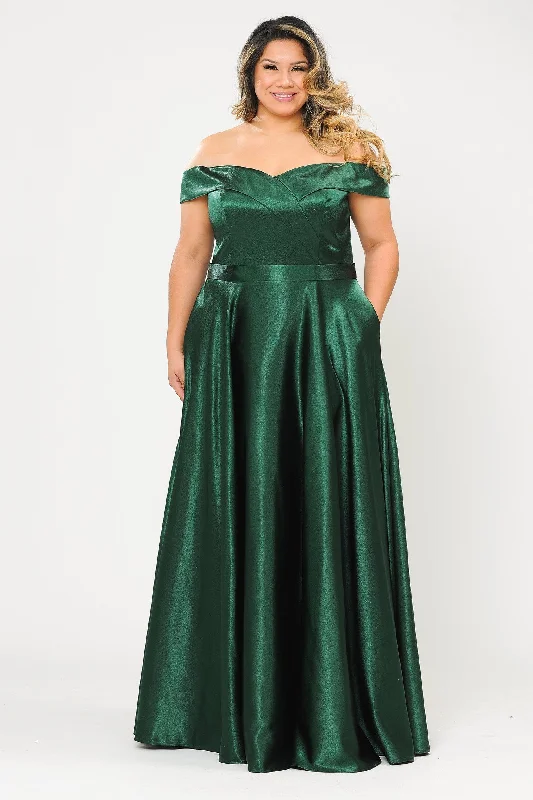 Wedding guest dresses with delicate pleats for added texture -Plus Size Long Off Shoulder Satin Dress by Poly USA W1058 Wedding guest dresses with delicate pleats for added texture -Plus Size Long Off Shoulder Satin Dress by Poly USA W1058