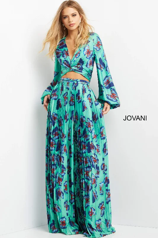 formal dresses for bridesmaids in matching pastel colors --Print Long Sleeve Two Piece Set by Jovani 07202 formal dresses for bridesmaids in matching pastel colors --Print Long Sleeve Two Piece Set by Jovani 07202