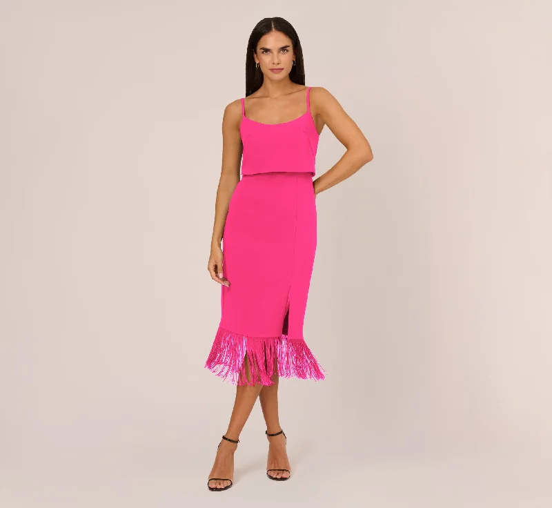 Elegant wedding guest dresses for evening receptions -Crepe Popover Midi Dress With Fringe Trim In Lipstick Elegant wedding guest dresses for evening receptions -Crepe Popover Midi Dress With Fringe Trim In Lipstick